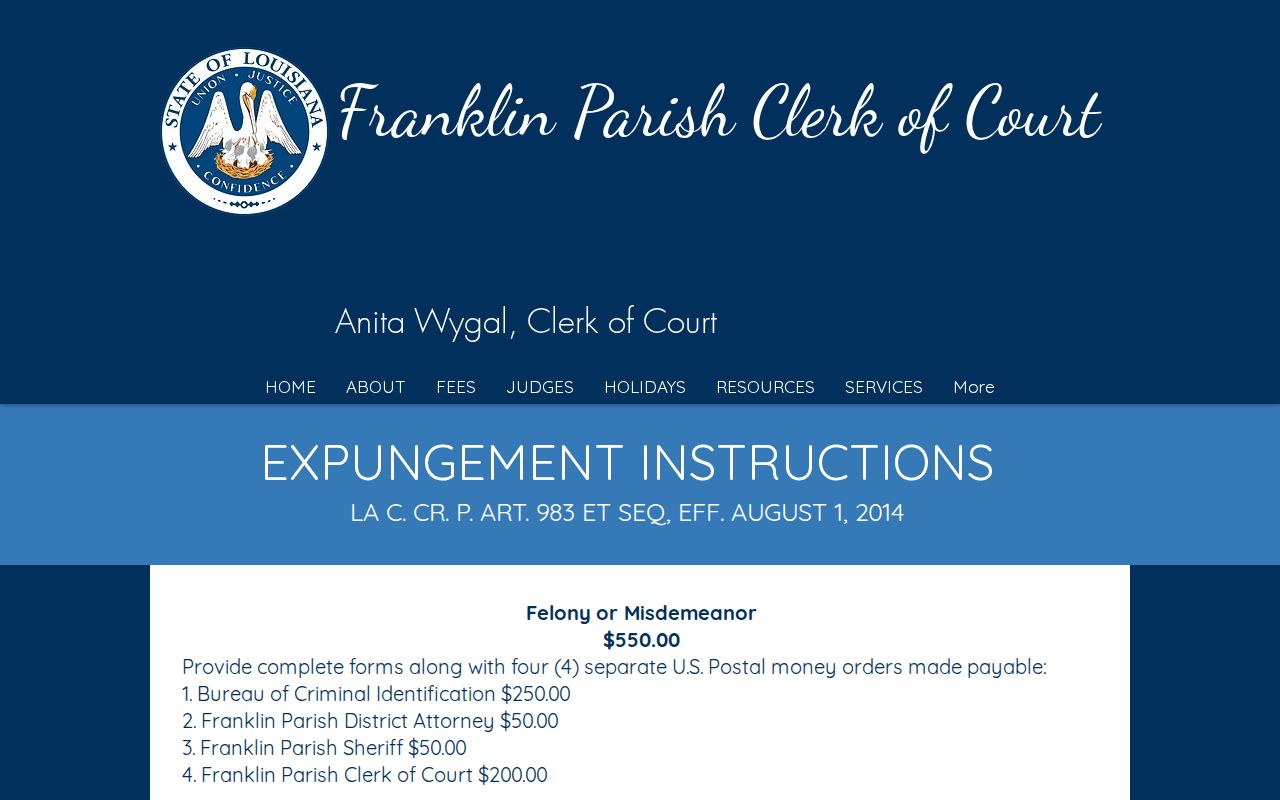 Franklin Parish expungement instructions affecting released inmate mugshots