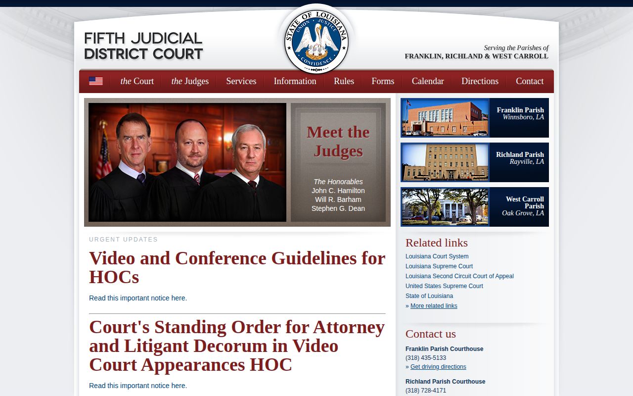 Franklin Parish release record Fifth Judicial District Court calendar