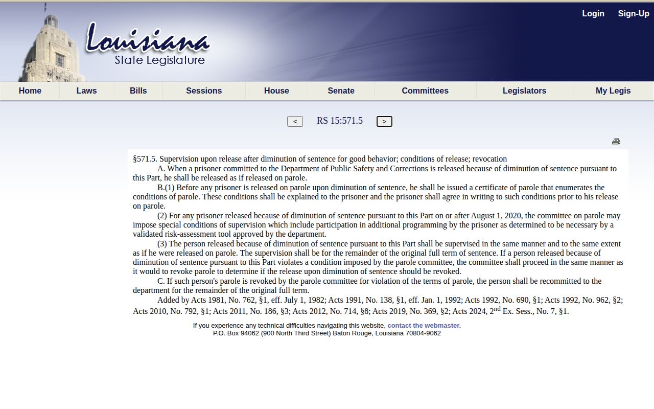 Louisiana release-as-parole statute for Franklin Parish release dates