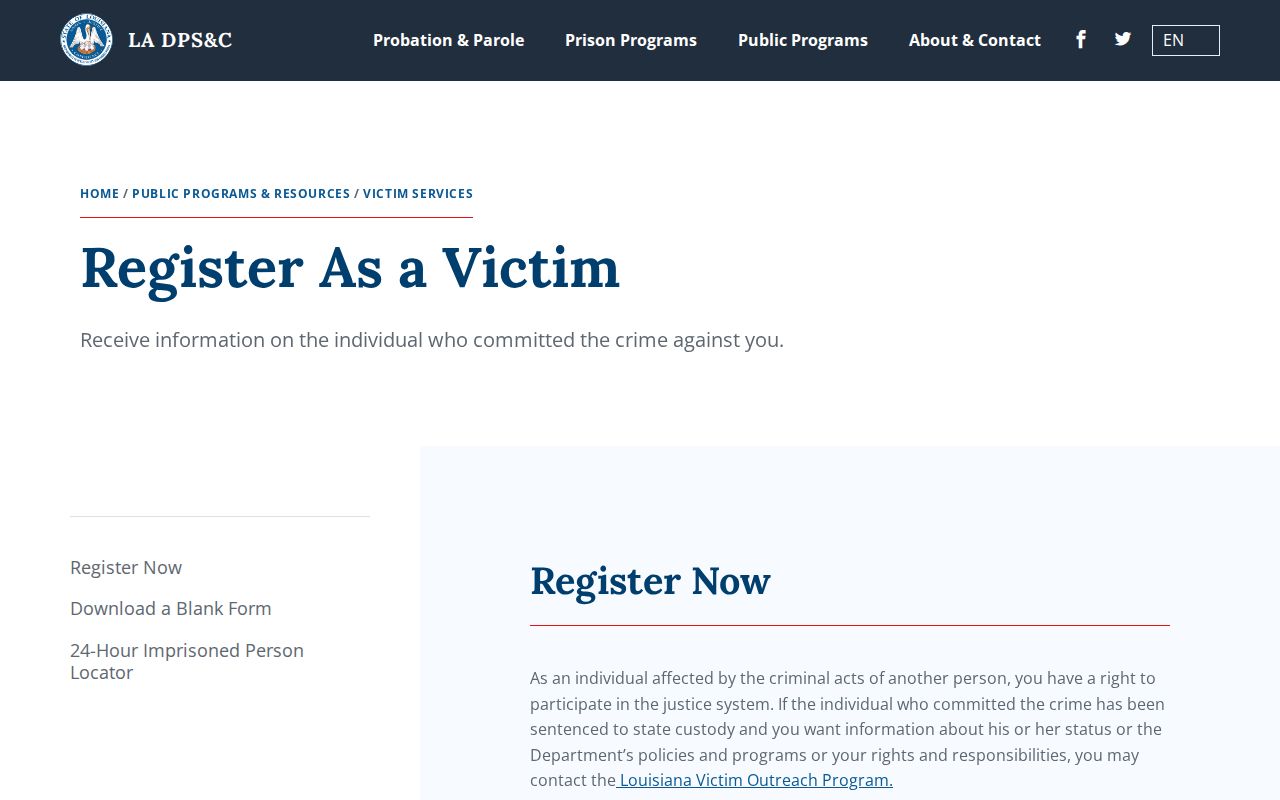 Louisiana DPS and Corrections Victim Outreach registration for Franklin Parish release notices